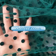 Ткань Сетка флок горох (зеленый изумруд) 